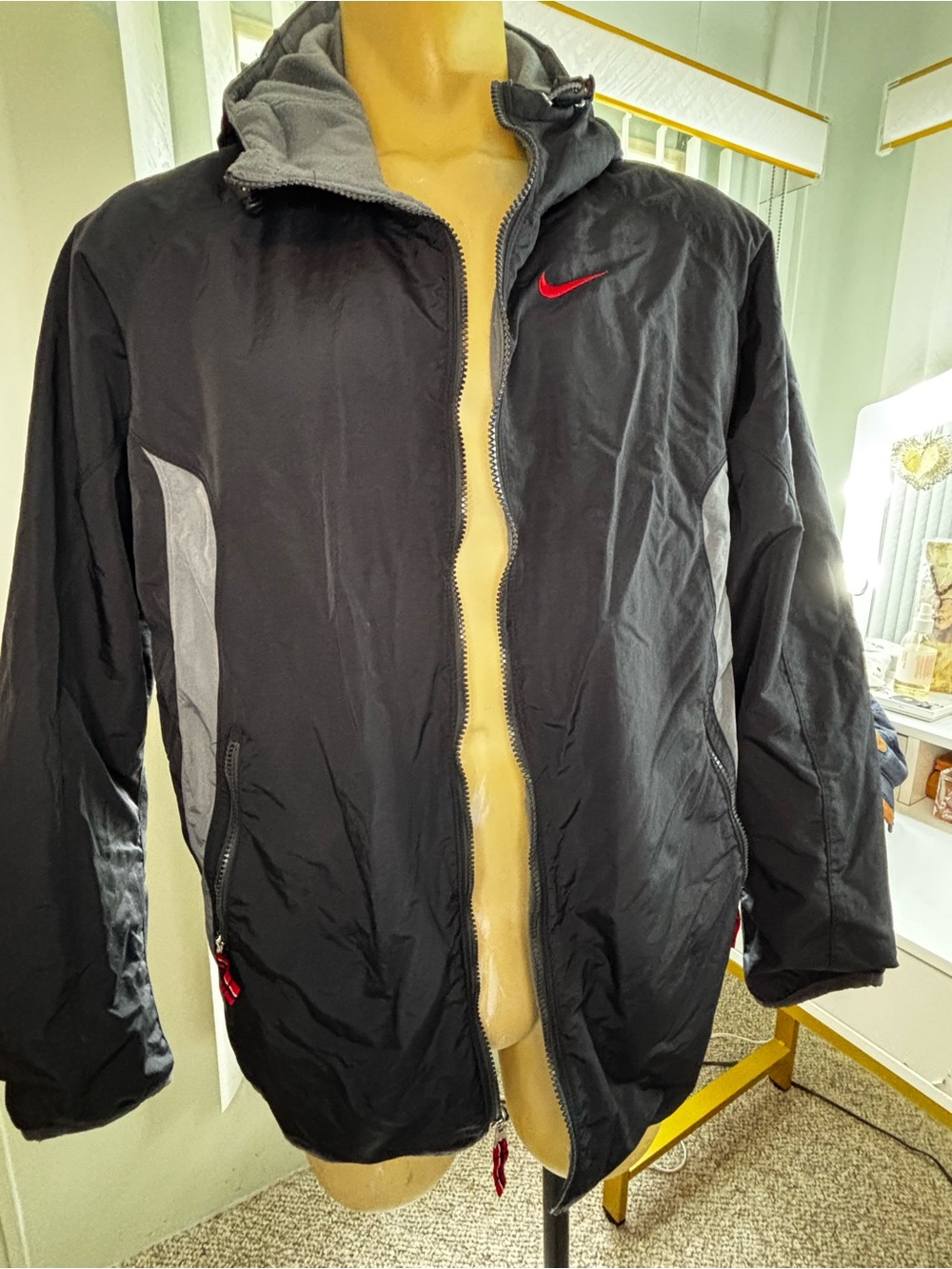 Nike Men’s Black Reversible Jacket with Red Swoosh and Gray Accents